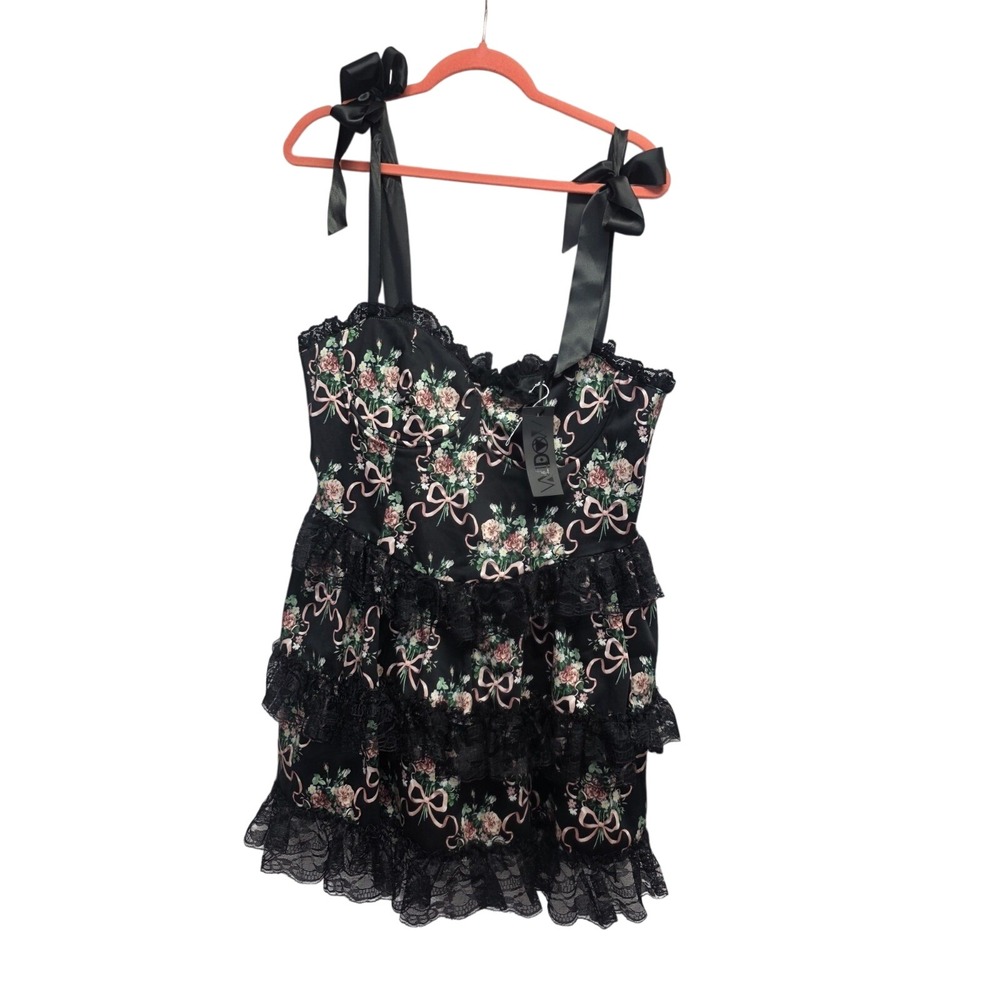 Widow Dolls Kill Black Floral Bow Lace Tiered Ruffle Mini Dress XL NWT